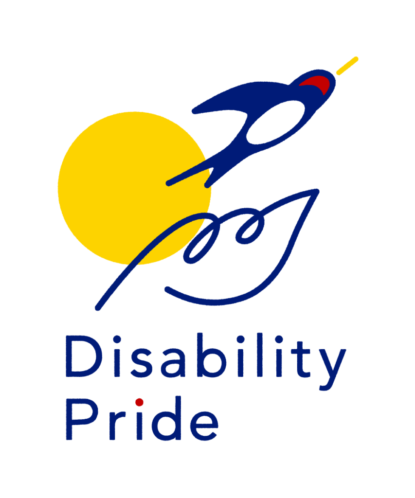 Disability Prideのロゴ。黄色い太陽を背景に、ツバメが右上に飛び立っている。ツバメの下には、手のひらにも巣にも見えるモチーフ。その下に、Disablity Prideと二行で紺色でかかれている。Prideのiの上の点だけ赤くハイライトされている。