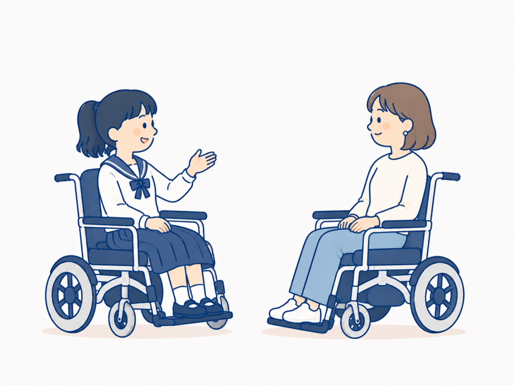 相談支援の様子。車いすの女性がふたり向き合っている。