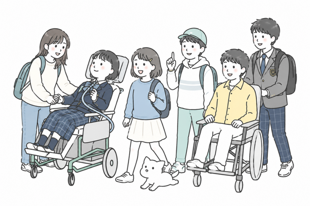 障害のあるユースたちが笑顔で一列になり歩いている様子。